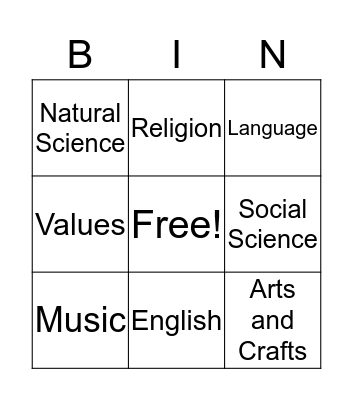 School Subject Bingo Card