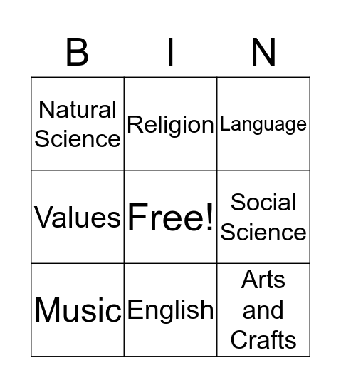 School Subject Bingo Card