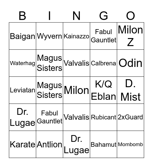 FF4FE Bingo Card