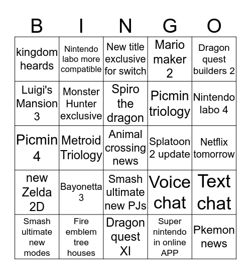 Nintendo direct 2019 Bingo Card