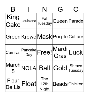 Mardi Gras Bing Bingo Card