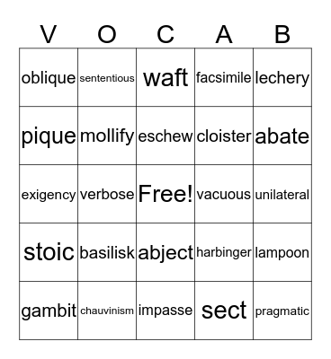 Vocabulary Bingo Card