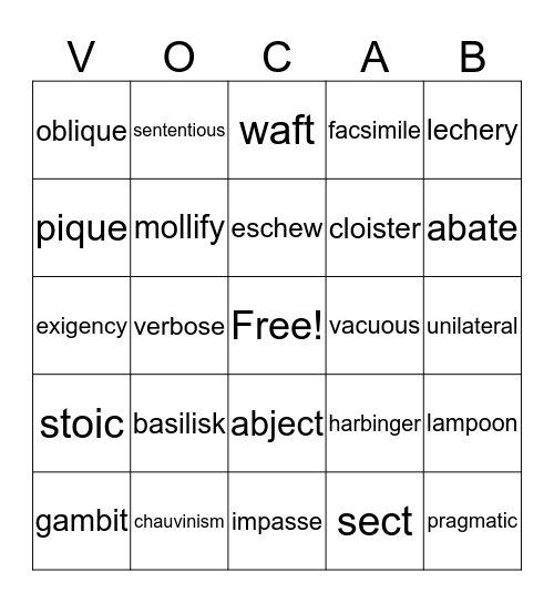 Vocabulary Bingo Card