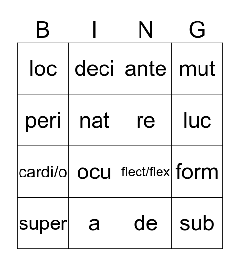 Root/Stems/Affixes Bingo Card