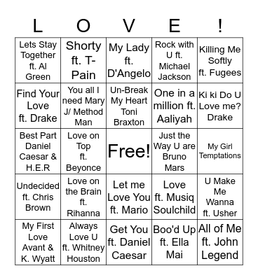 Valentine Song Bingo Card