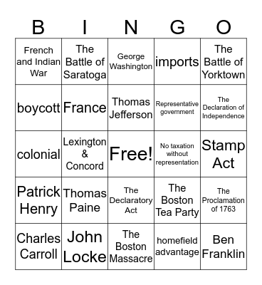 Revolutionary War BINGO Card