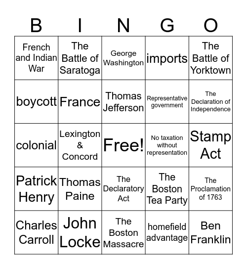 Revolutionary War BINGO Card