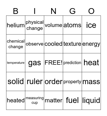 States of Matter Bingo Card