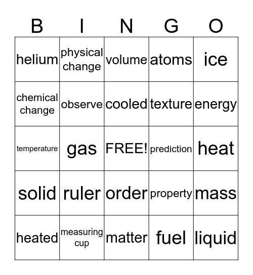 States of Matter Bingo Card