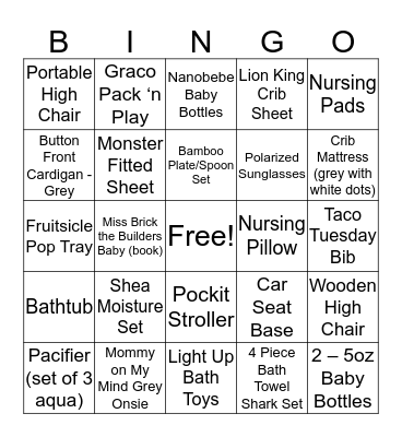 Baby T Bingo Card