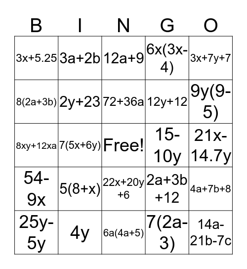 Expanding and Factoring Bingo Card