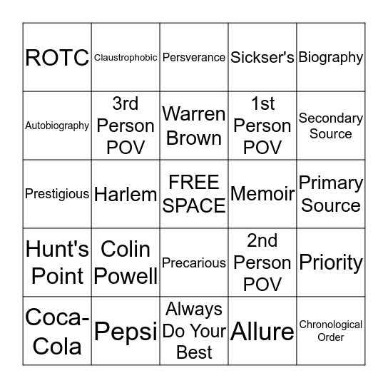 Colin Powell and Biographical Texts BINGO Card