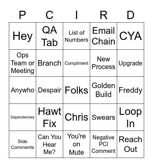 Dev Meeting Bingo Card