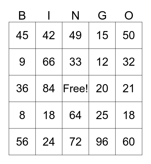 Multiplication BINGO Card