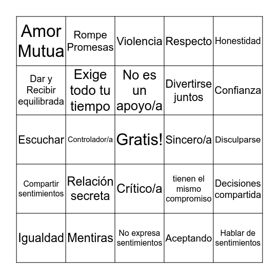 Relaciones Saludables BINGO Card