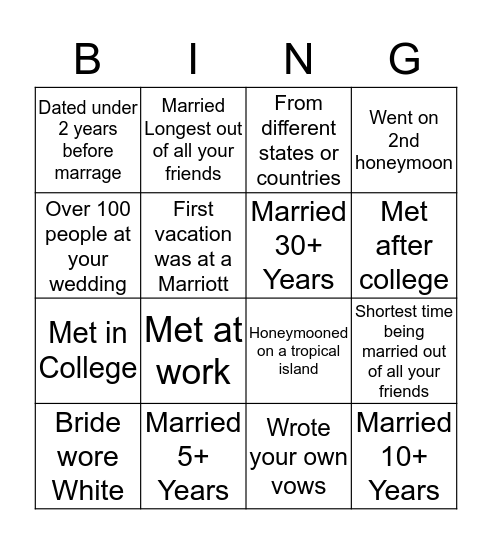 Renewal of Vows Bingo Card