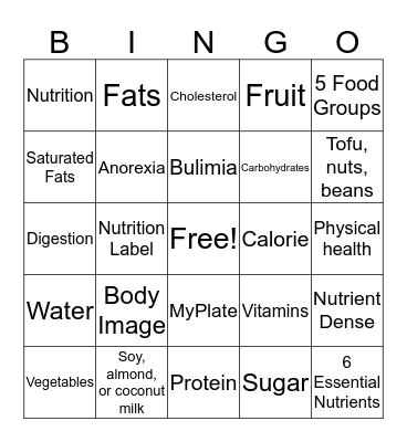 Nutrition Bingo Card