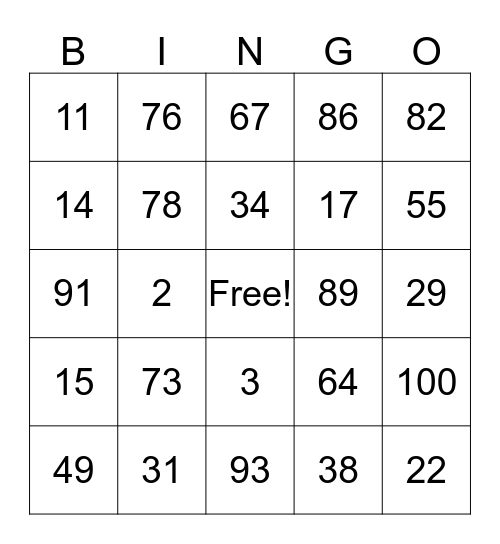 Los Números 0-100 Bingo Card