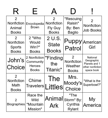 John's Reading Bingo Card