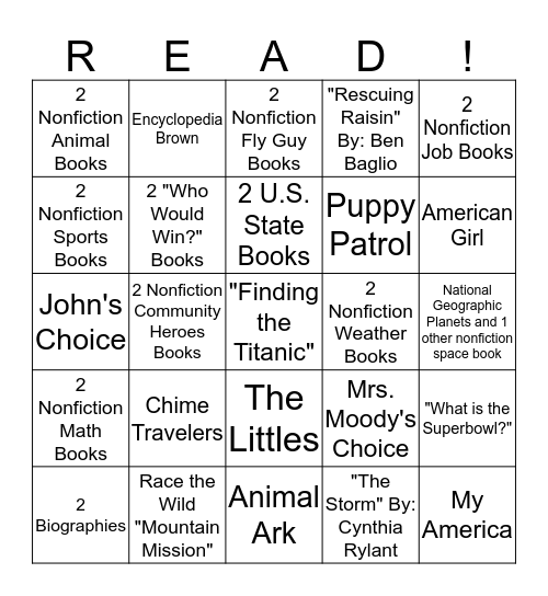 John's Reading Bingo Card