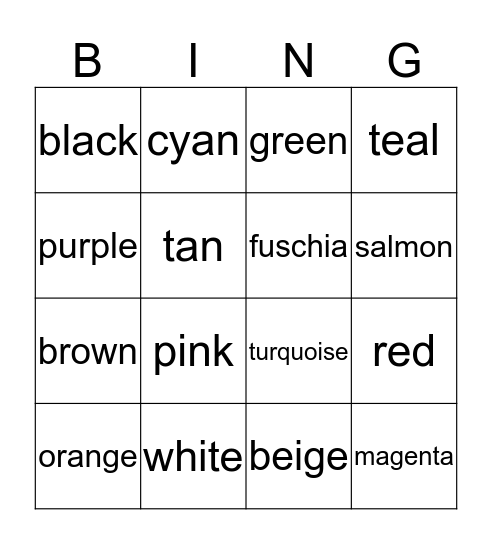 Colors Bingo Card