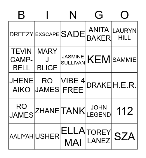 R&B  Bingo Card