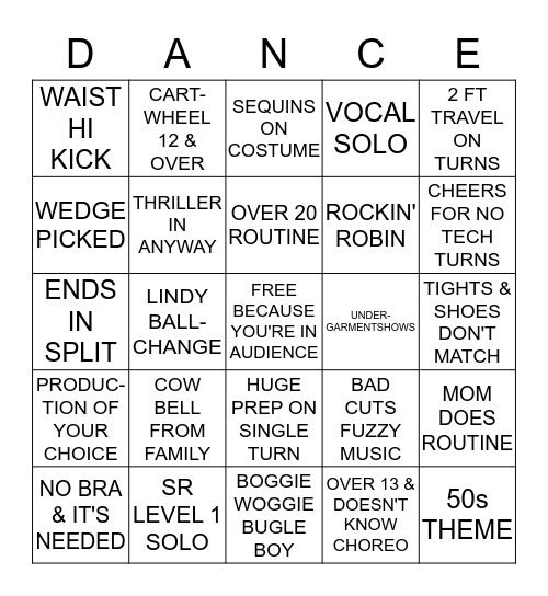 Dance Bingo Card