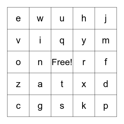 Lowercase Letters Bingo Card