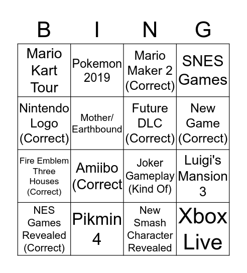 First Nintendo Direct 2019 Bingo Card