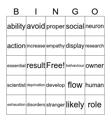 Dictionary Bingo Card