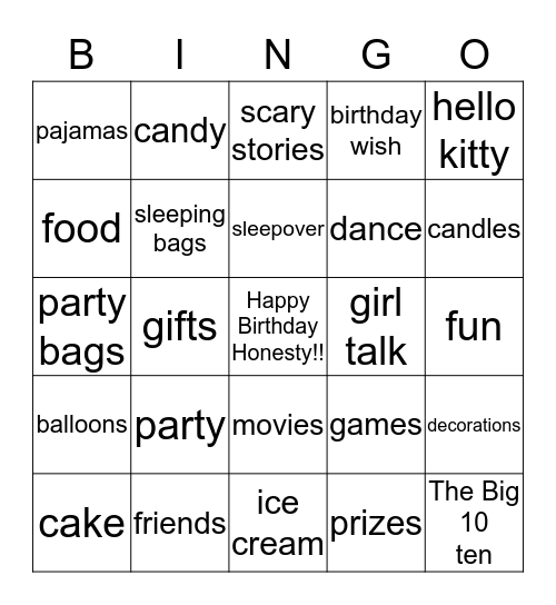 Honesty's Bday Slumber Party Bingo Card