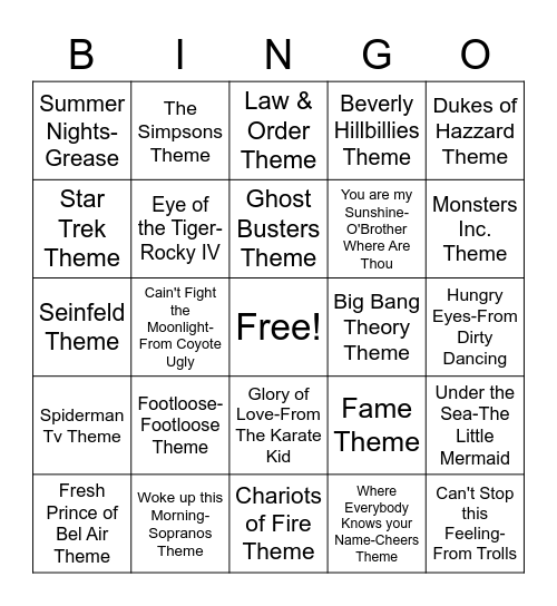 BB29 Movie & TV Songs! Bingo Card