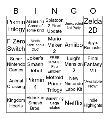 Nintendo Direct Bingo. Bingo Card