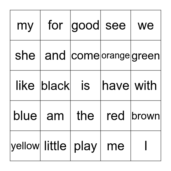 High Frequency Word Bingo Card