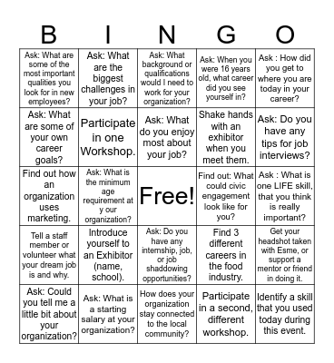 Career and Life Fair  Bingo! Bingo Card