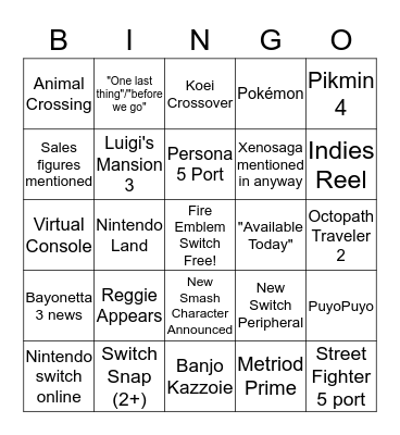 13th Nintendo Direct Bingo Card