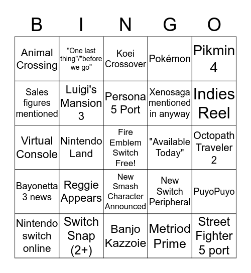 13th Nintendo Direct Bingo Card