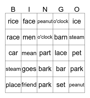 Lesson 38-40 Bingo Card