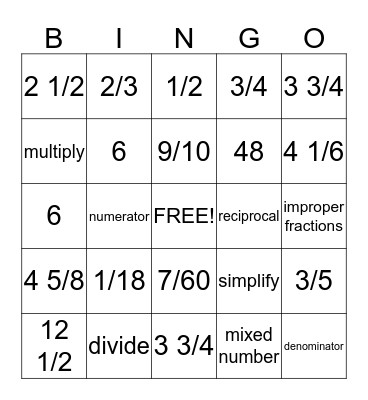 Fractions Bingo Card