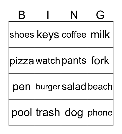 Nouns Bingo Card