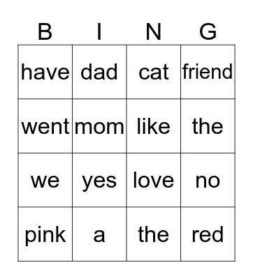 Heart Word Bingo Card