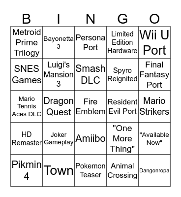 Nintendo Direct Feb 2019 Bingo Card