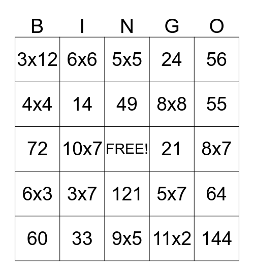 Multiplication Facts Bingo Card