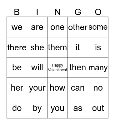 Love Sight Words  Bingo Card