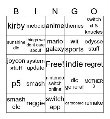 Nintendo direct 13 Bingo Card