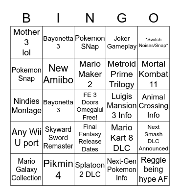 Nintendo Direct Bingo Card