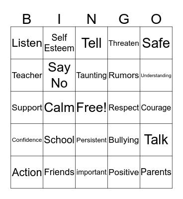 Anti Bullying Bingo Card