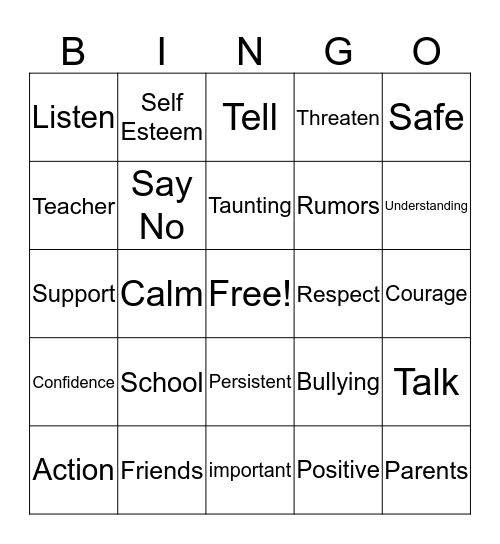 Anti Bullying Bingo Card