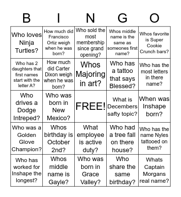 Inshape Employee Bingo Card