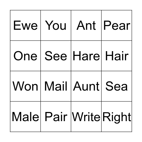 Homophones Bingo Card